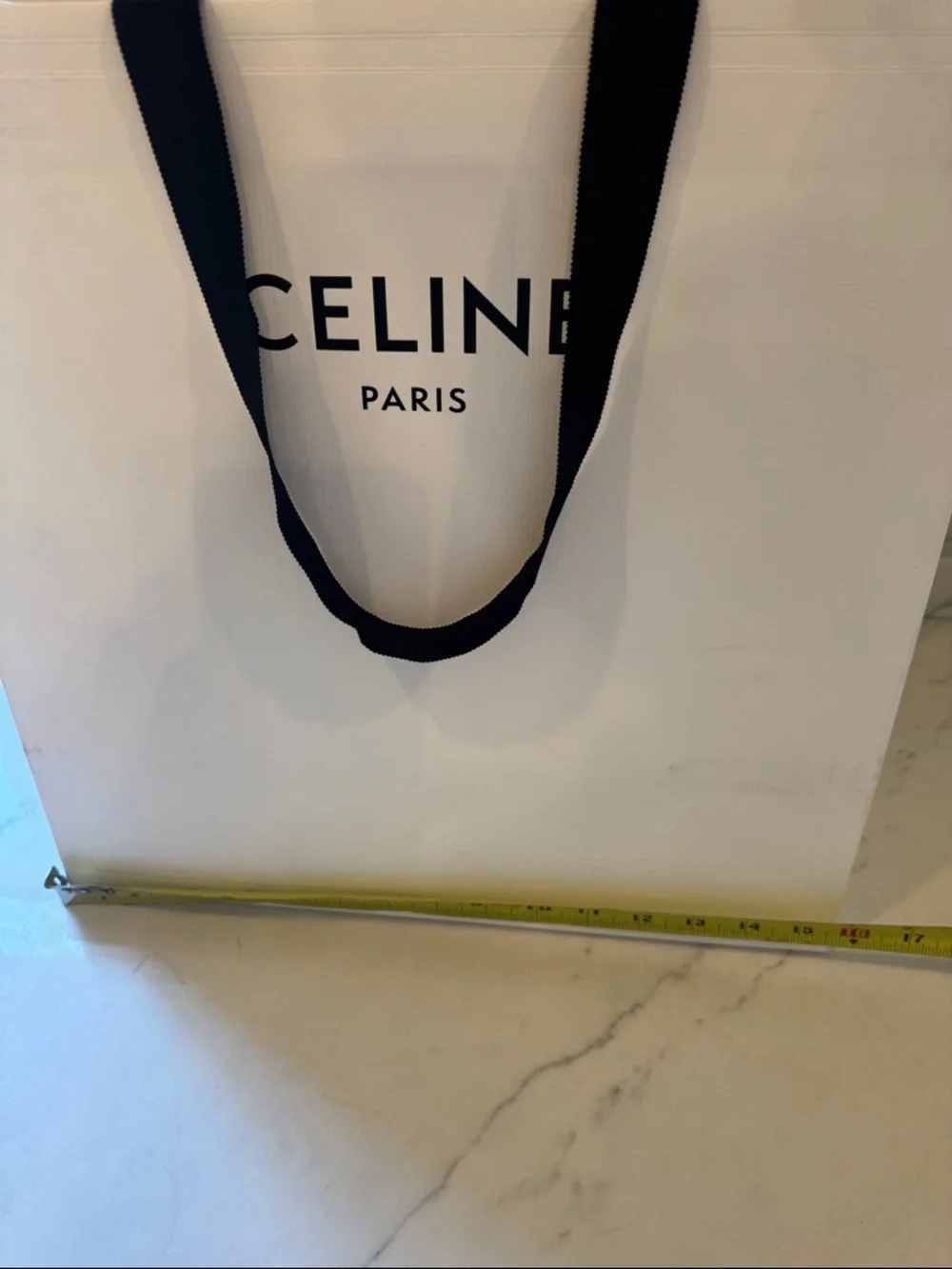 Celine White Shopper Bag with Black Ribbon Handles approx 16x26x7